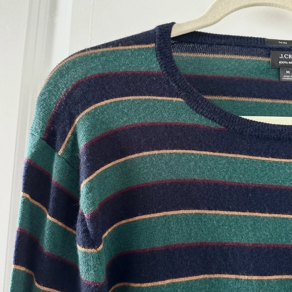 J. Crew Green Blue Striped Crewneck Sweater Merino Wool Mens Sz Medium Slim Fall